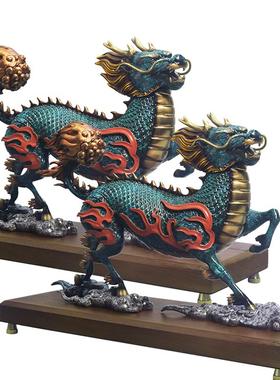 纯铜麒麟摆件公母一对黄铜火麒麟