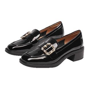 蹀愫2025年新款水钻方扣乐福鞋粗跟小皮鞋通勤单鞋TA65139-50