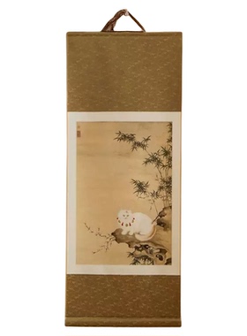物几空间新中式工笔猫竹梅卷轴画