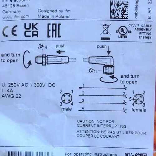 【请询价】Ifm EVT050 易福门全新连接线 M12 4芯 公母头