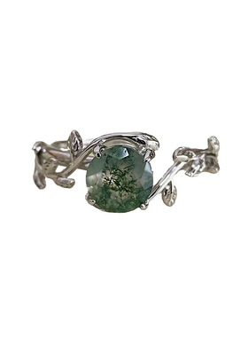 S925银绿苔藓石水草玛瑙开口戒指