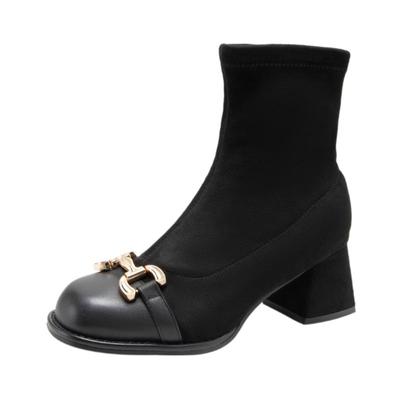 千百度女鞋冬季新款弹力靴/袜靴短靴高跟粗跟短靴子瘦瘦靴潮