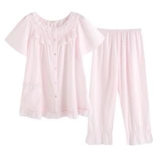 罗丝美纯棉60支梭织布圆领全开襟镶蕾丝短袖长裤睡衣套装女13068