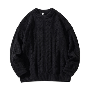 男生黑色圆领毛衣男冬季毛线衣加厚新款宽松上衣提花毛织针织衫潮