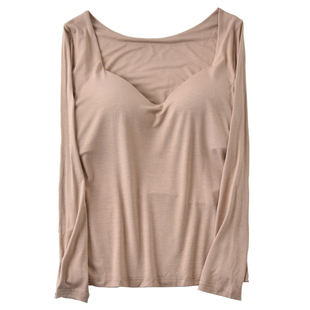 带胸垫长袖T恤女春秋款低领带杯上衣莫代尔内搭V领打底衫薄款秋衣