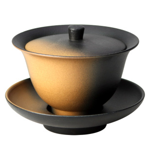 福玉满堂三才盖碗｜雅致陶器复古风中式黑陶茶碗粗陶家用功夫茶具