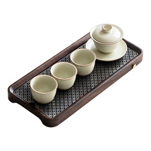蝉舍圆锦胡桃木茶盘家用客厅排水式茶托盘功夫茶具长方形干泡盘
