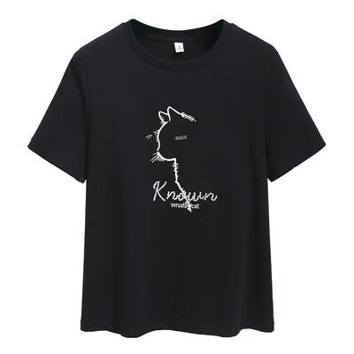 重工刺绣黑色圆领正肩短袖T恤女