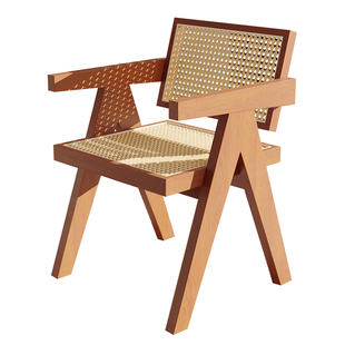 实木餐椅家用藤编昌迪加尔椅子中古风木头扶手餐桌椅餐厅凳子靠背