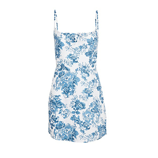 ref法式设计感亚麻碎花抽绳吊带连衣裙子女小个子气质显瘦A字短裙