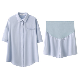 孕妇装夏装套装春夏季外穿孕妇衬衫夏款上衣小个子休闲短裤两件套