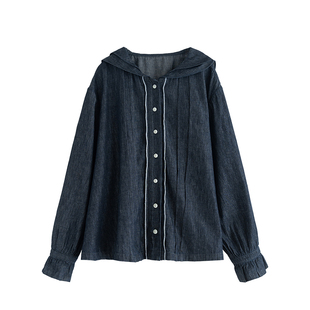 古苔 掌柜悄悄推荐 精致日系双层元宝领牛仔衬衣 亚麻水洗外套春