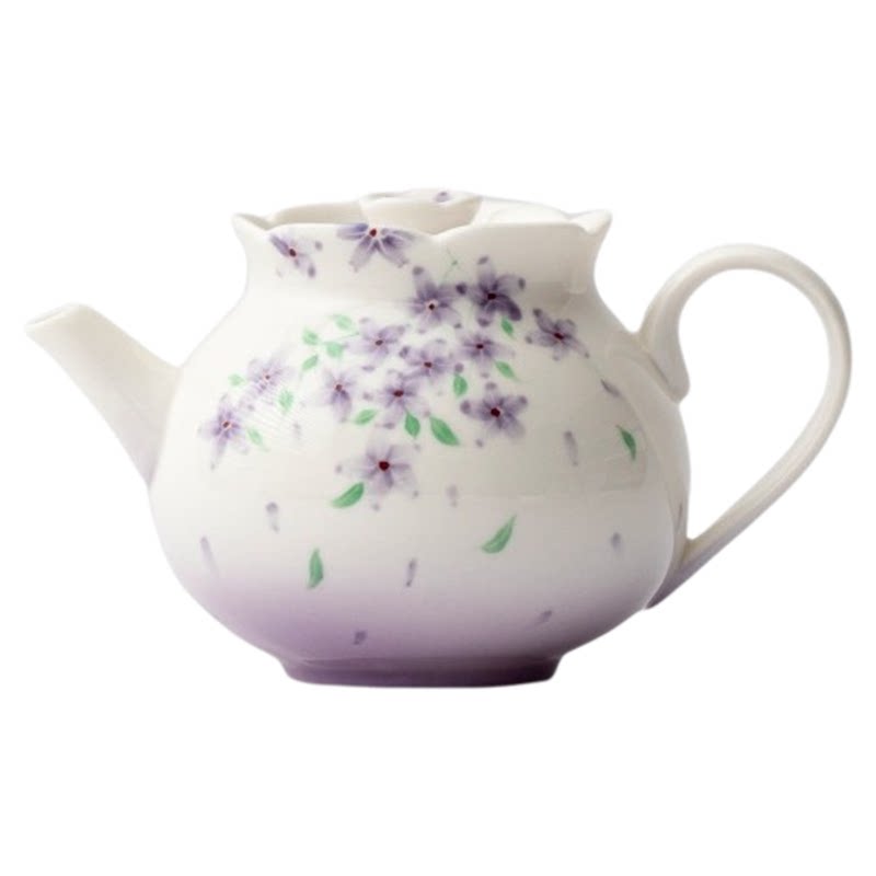 紫色玉泥白瓷手绘花口茶壶