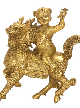 纯黄铜麒麟送子招财镇宅摆件一对