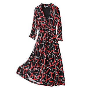 M2女装品牌折扣连衣裙女春秋法式气质修身大码高腰七分袖打底长裙