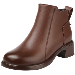 全牛皮短靴女2025新款秋季单靴粗跟妈妈鞋皮鞋冬加绒真皮马丁靴子