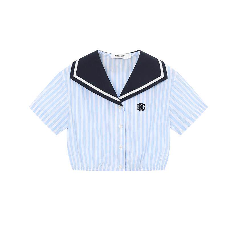 夏季女童撞色翻领短袖衬衫
