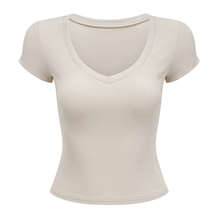 Go Girl Go 简约基础款修身显瘦螺纹V领短袖正肩T恤女夏短款上衣