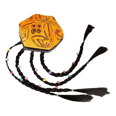 维吾尔族儿童六角帽民族舞蹈带仿真辫子亮片头饰新疆舞女孩演出帽