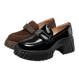 千百度复古漆皮厚底乐福鞋女款春秋气质深口黑色小皮鞋增高百搭