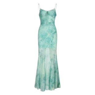 WEEKEEP 辣妹御姐风浅绿色V领吊带连衣裙复古收腰显瘦鱼尾长裙潮