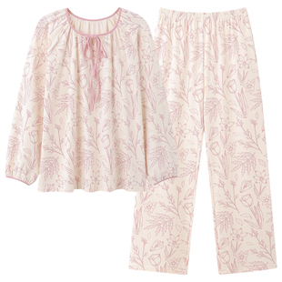 芬腾可安长袖睡衣女款2026新款秋春天纯棉女士粉系家居服秋季冬天