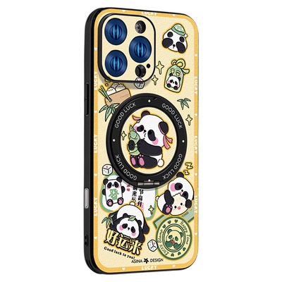 好运熊猫适用苹果16Promax手机壳新款ip15磁吸带支架iPhone16Pro保护套支点卡通14高级Ho3防摔可爱女13pm全包