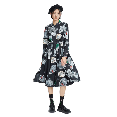 谜底2022复古收腰黑色印花不规则