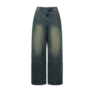 BeerBro美式洗水蓝色牛仔裤女夏季新款设计感街头辣妹直筒裤潮