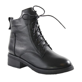 女秋季粗跟真皮系带款单靴高帮皮鞋女高腰中跟圆头百搭全牛皮短靴