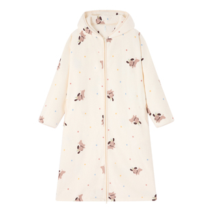 珊瑚绒冬季毛绒睡袍女连帽拉链浴袍法兰绒睡衣秋冬长袍家居服冬天