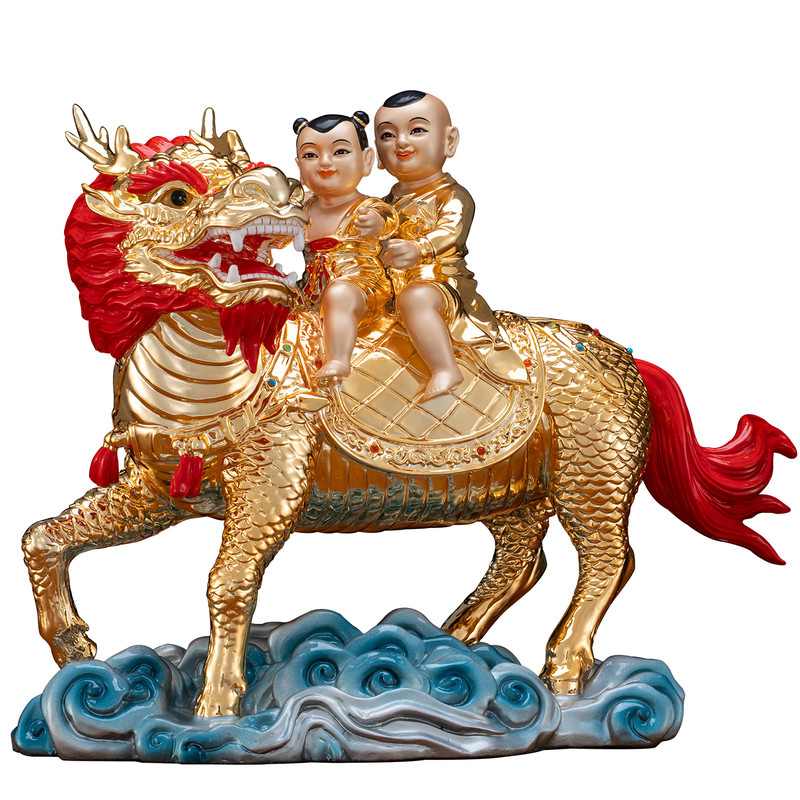 纯铜鎏金麒麟送子金童玉女摆件