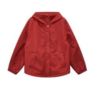 知臣冬季新品 户外休闲红色短款加绒防风连帽外套女 T25154057