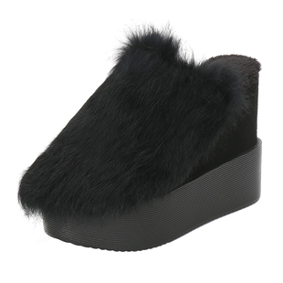 松糕加绒保暖兔毛毛拖鞋2025新品潮超高坡跟厚底松糕外穿女拖鞋