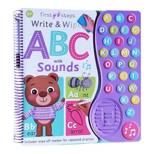 擦写发音纸板书大开本 First Steps Write and Wipe ABC with Sounds 儿童互动字母学习绘本 附赠马克笔 0-3岁 英文原版
