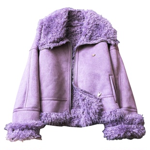 紫色麂皮绒仿羊羔毛内里加厚保暖长袖环保仿生皮草女装外套M040