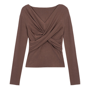 pusumede私有浪漫 设计感交叉缩褶长袖T恤女修身打底针织衫上衣