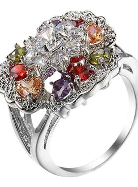 超大夸张闪亮七彩花蕊锆石指环