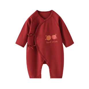 翘脚鸭喜庆婴儿衣服春秋款满月宝宝红色连体衣百天周岁服哈衣爬服