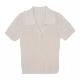 简约通勤POLO领短袖针织衫T恤女修身型坑条翻领套头上衣