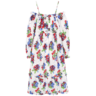 落落狷介 长袖碎花连衣裙女早秋2025年新款设计感一字肩宽松裙子