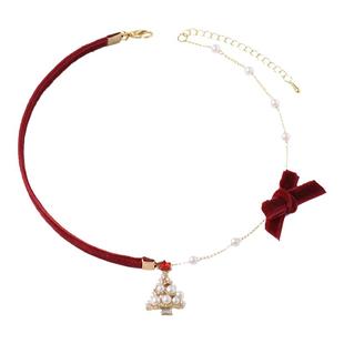 原创珍珠圣诞树吊坠丝绒锁骨链女红色喜庆项链气质百搭颈链choker