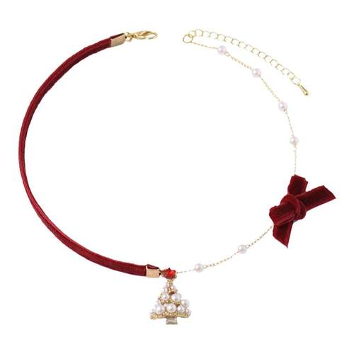 原创珍珠圣诞树吊坠丝绒锁骨链女红色喜庆项链气质百搭颈链choker