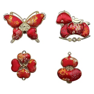 红色宋锦小马蝴蝶四叶草葫芦吊坠挂件双面背云挂饰diy包挂配件