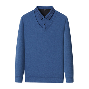 啄木鸟高档男士中年假两件衬衫领针织衫冬加绒加厚保暖爸爸毛衣男