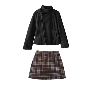 老钱风立领黑色毛呢外套女秋冬短款小个子百褶裙显瘦两件套装穿搭