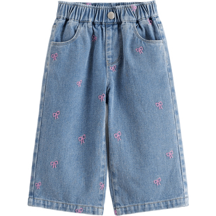 马克珍妮女童绣花蝴蝶结直筒牛仔裤宝宝裤子2025年秋装新款551523