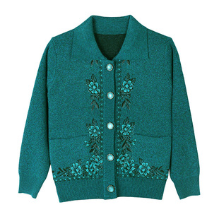 老年人秋装女60岁70妈妈毛衣开衫外套奶奶装羊毛衫翻领老人上衣服