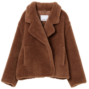 【纯羊毛】LANCY/朗姿2025冬季新款大翻领廓形短款时尚颗粒绒外套