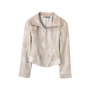 韩雨嘉短款机车pu皮衣外套女秋季新款高级感粉色气质修身翻领夹克